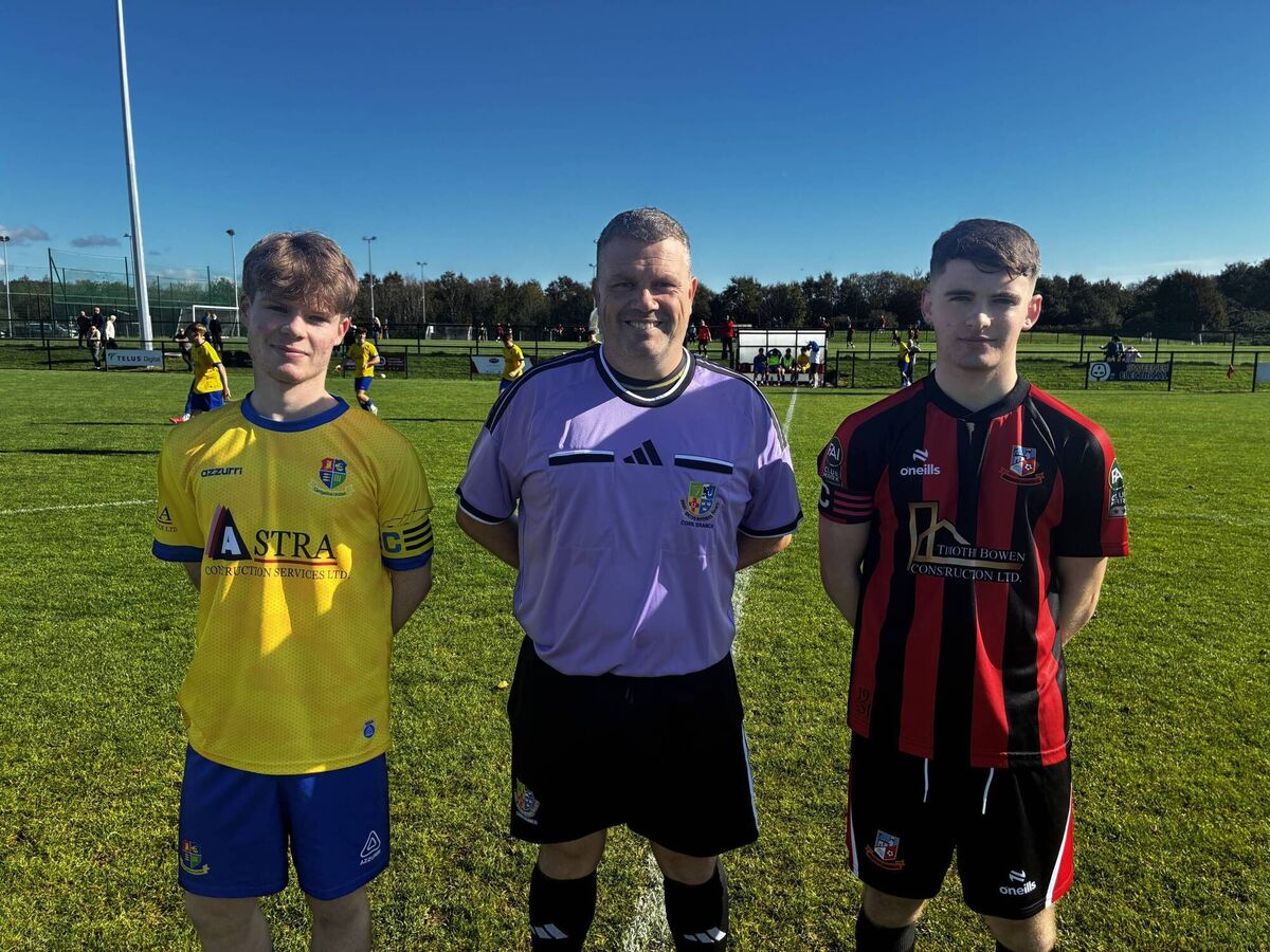 Carrigaline United captain Sean Auzins, Referee Daniel Daunt and Ringmahon Rangers captain Iarlaith Hayes before the Cork Youth U17 Premier League game at Ringmahon Park Carrigaline United captain Sean Auzins, Referee Daniel Daunt and Ringmahon Rangers captain Iarlaith Hayes before the Cork Youth U17 Premier League game at Ringmahon Park