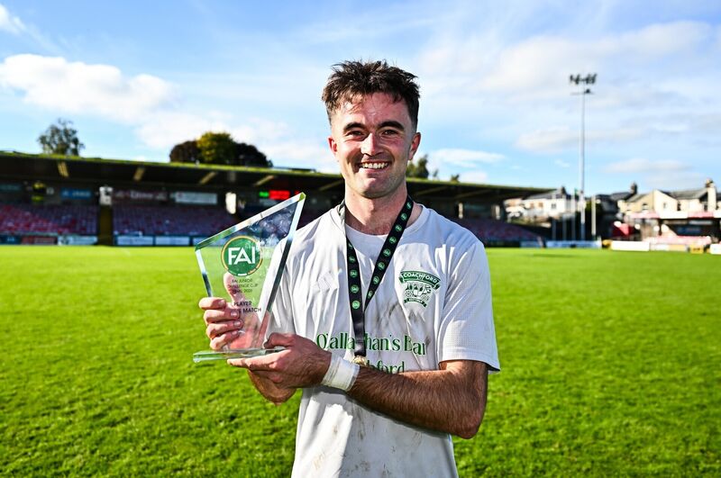 Cialan O'Sullivan of Coachford with his player of the match award after the FAI Junior Cup final between Coachford and Evergreen at Munster FA Turner's Cross Park in Cork. Photo by Tyler Miller/Sportsfile Cialan O'Sullivan of Coachford with his player of the match award after the FAI Junior Cup final between Coachford and Evergreen at Munster FA Turner's Cross Park in Cork. Photo by Tyler Miller/Sportsfile