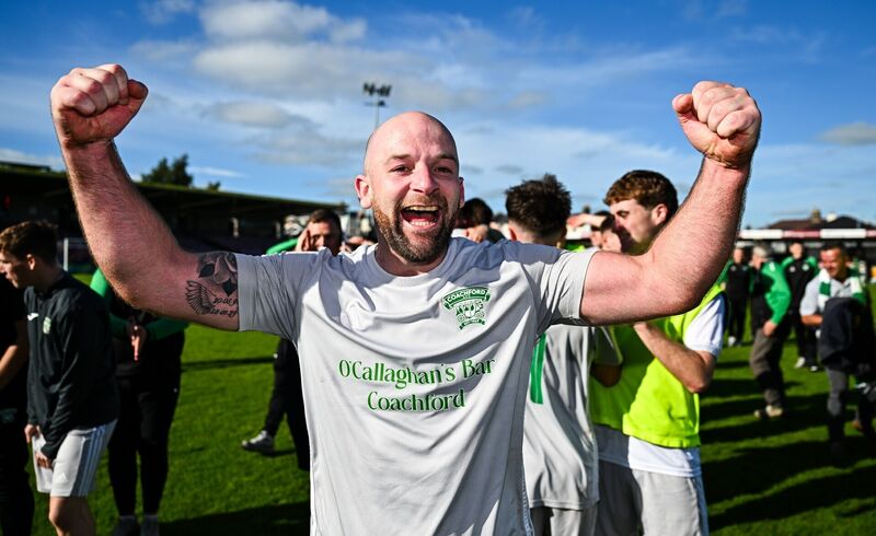 Sean O'Sullivan of Coachford celebrates after the FAI Junior Cup final between Coachford and Evergreen at Munster FA Turner's Cross Park in Cork. Photo by Tyler Miller/Sportsfile Sean O'Sullivan of Coachford celebrates after the FAI Junior Cup final between Coachford and Evergreen at Munster FA Turner's Cross Park in Cork. Photo by Tyler Miller/Sportsfile