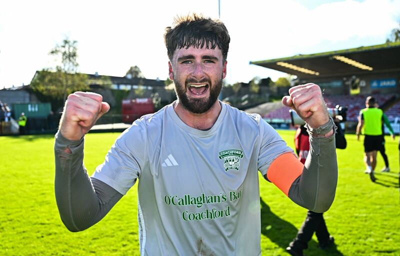 Mark Murphy of Coachford celebrates after the FAI Junior Cup final between Coachford and Evergreen at Munster FA Turner's Cross Park in Cork. Photo by Tyler Miller/Sportsfile Mark Murphy of Coachford celebrates after the FAI Junior Cup final between Coachford and Evergreen at Munster FA Turner's Cross Park in Cork. Photo by Tyler Miller/Sportsfile