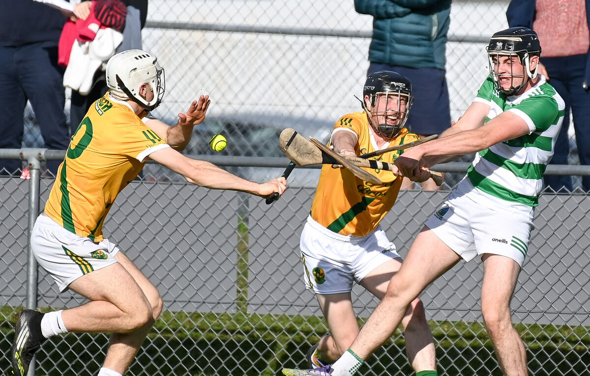 Dungourney's Kelvin Coady Byrne aided by Shane Hegarty breaks his hurley while blocking the shot of Valley Rovers' Cian Johnson. Picture: David Keane. Dungourney's Kelvin Coady Byrne aided by Shane Hegarty breaks his hurley while blocking the shot of Valley Rovers' Cian Johnson. Picture: David Keane.