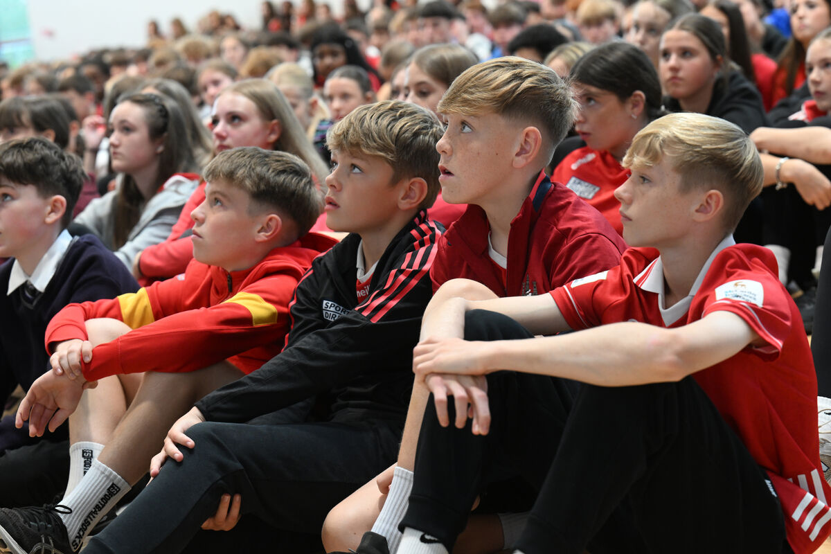 Pupils watch and listen to the sporting advice at Carrigtwohill Community College. Pupils watch and listen to the sporting advice at Carrigtwohill Community College.
