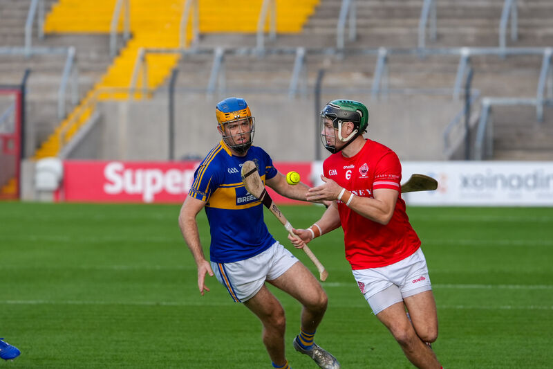 Blarney’s Mark Coleman with possession as Carrigtwohill’s Cian O’Riordan closes in. Picture: Noel Sweeney Blarney’s Mark Coleman with possession as Carrigtwohill’s Cian O’Riordan closes in. Picture: Noel Sweeney