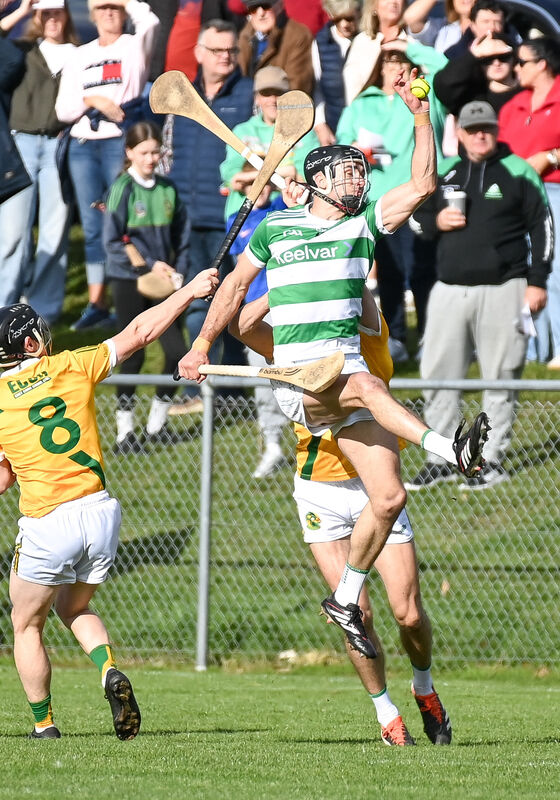 Valley Rovers' Jack Walsh goes high to win possession ahead of Dungourney's Mike McGrath. Picture: David Keane. Valley Rovers' Jack Walsh goes high to win possession ahead of Dungourney's Mike McGrath. Picture: David Keane.