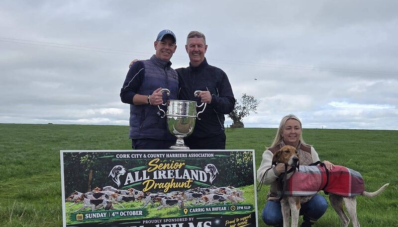 Cork Draghunting: Nicole Freyne with Not now Al of Clogheen Harriers winner of the Senior All-Ireland Draghunt at Glenville, included are Gary and Joe Freyne. Cork Draghunting: Nicole Freyne with Not now Al of Clogheen Harriers winner of the Senior All-Ireland Draghunt at Glenville, included are Gary and Joe Freyne.