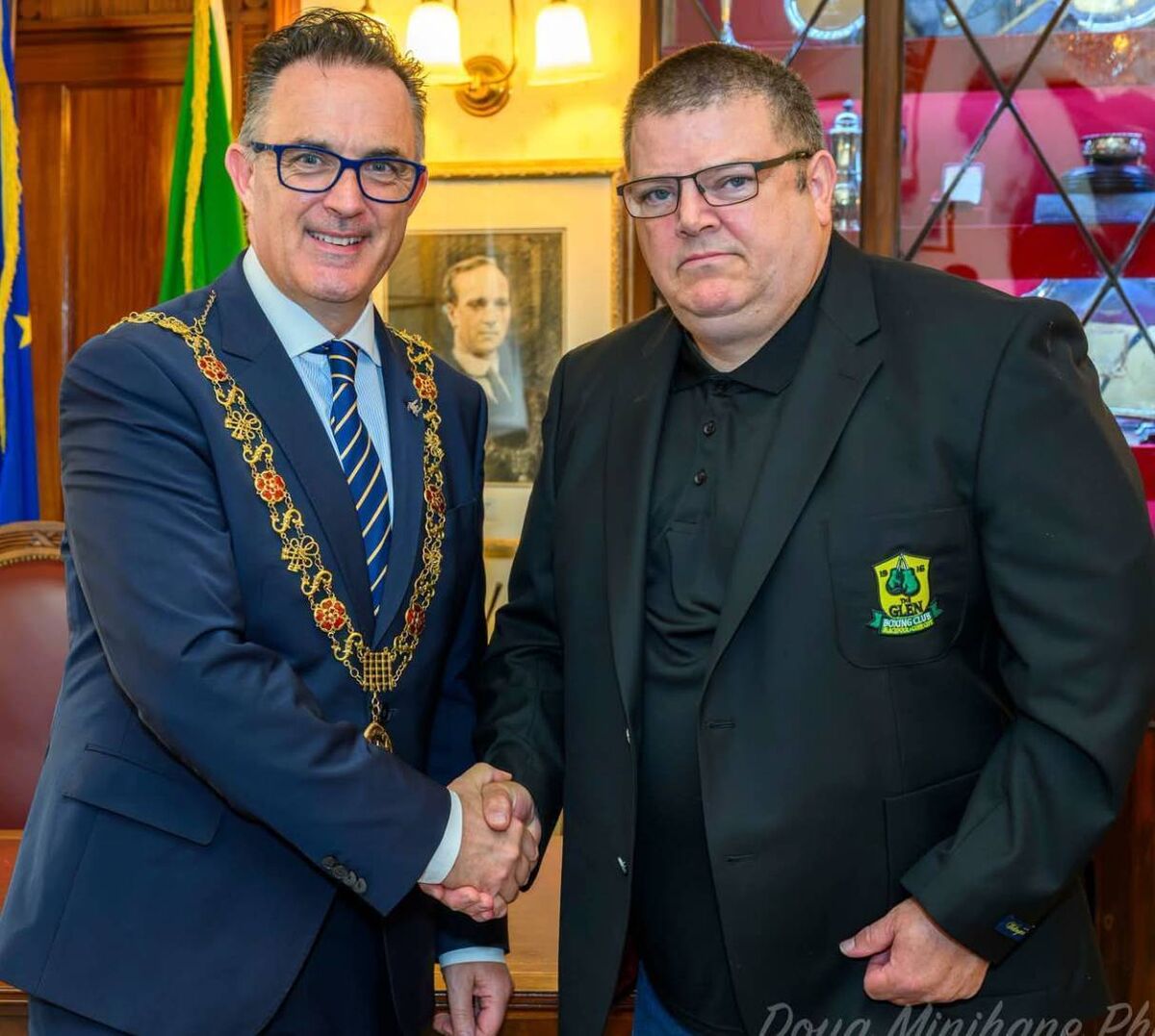 Cork Lord Clr Mayor Damian Boylan congratulates Anthony Connolly on the occasion of his 50 year service to Cork Boxing. Cork Lord Clr Mayor Damian Boylan congratulates Anthony Connolly on the occasion of his 50 year service to Cork Boxing.
