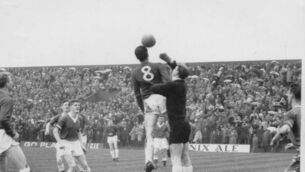 <p>Action from 1963 Cup final. Bobby Brohan leaps to punch the ball off Ben Hannigan's head.</p> <p>Action from 1963 Cup final. Bobby Brohan leaps to punch the ball off Ben Hannigan's head.</p>