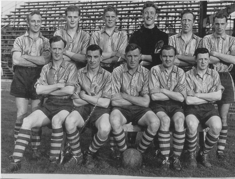 Evergreen Utd 1957. Back: Johnny Vaughan, Ned Fitzgerald, Ray Cowhie, Bobby Brohan, Seamus Madden, Donal O’Leary. Front: Mick Taylor, Donie Leahy, Con McCarthy, Mick O’Keeffe, Georgie Lynam. Evergreen Utd 1957. Back: Johnny Vaughan, Ned Fitzgerald, Ray Cowhie, Bobby Brohan, Seamus Madden, Donal O’Leary. Front: Mick Taylor, Donie Leahy, Con McCarthy, Mick O’Keeffe, Georgie Lynam.