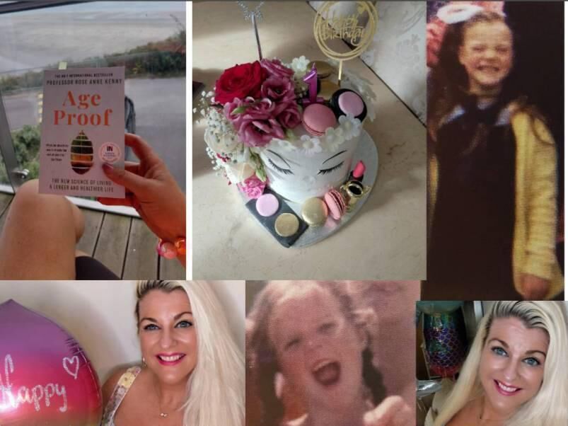 Emer O’Callaghan on her birthday wearing a dress from Canella Lane, Cork. Also pictured is six-year-old Emer, and Emer reading her book on holiday, Age Proof. The birthday cake is by Ruairi’s Kitchen of Cork