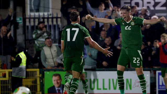 <p>Republic of Ireland vs England: Ireland's Tommy Lonergan celebrates with Oisín Gallagher after he scores his sides 3rd goal of the match </p>