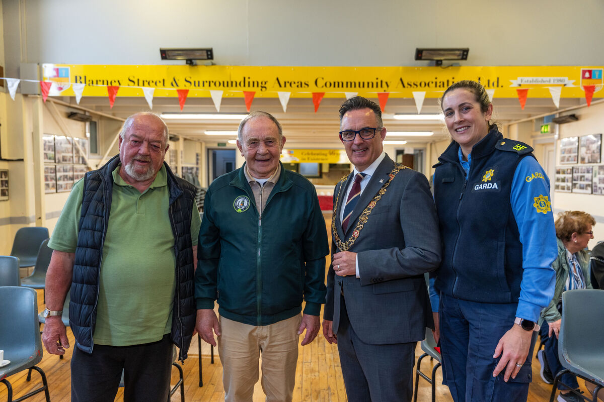 Locals Noel Olden and Seán Murphy with Lord Mayor of Cork, councillor Damian Boylan and Garda Gráinne McCarthy. Picture: Noel Sweeney