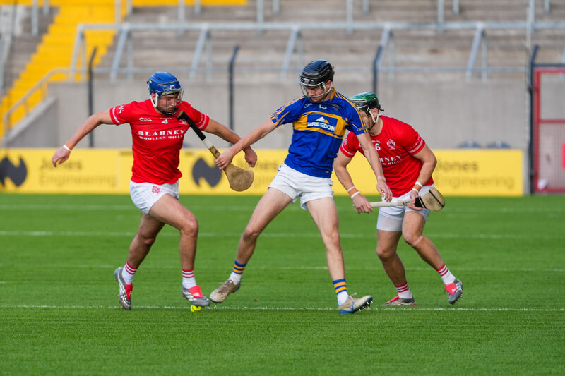 Blarney’s Stephen Mullane and Carrigtwohill’s Daniel Nolan battle for possession. Picture: Noel Sweeney Blarney’s Stephen Mullane and Carrigtwohill’s Daniel Nolan battle for possession. Picture: Noel Sweeney