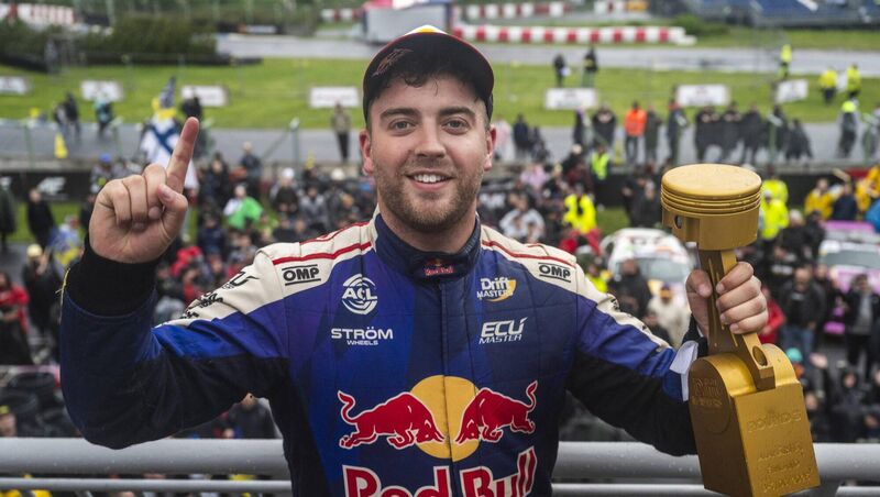 Conor Shanahan celebrates his victory in the third round of the Drift Masters European Championship. Picture: Mihai Stetcu / Red Bull.