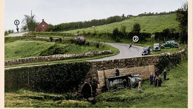 <p>The scene after the tragedy at Mourneabbey on the Cork to Mallow road in November, 1939, in which four soldiers died when the car carrying them jumped the wall and plunged into the field below. The arrows mark apparent skid marks in the road at the time. All photos here colorised from Examiner/Echo originals</p> <p>The scene after the tragedy at Mourneabbey on the Cork to Mallow road in November, 1939, in which four soldiers died when the car carrying them jumped the wall and plunged into the field below. The arrows mark apparent skid marks in the road at the time. All photos here colorised from Examiner/Echo originals</p>