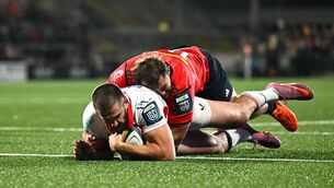 <p>Stuart McCloskey of Ulster scores his side's fourth try despite the tackle of Max Clein of Munster. Picture: Ben McShane/Sportsfile</p> <p>Stuart McCloskey of Ulster scores his side's fourth try despite the tackle of Max Clein of Munster. Picture: Ben McShane/Sportsfile</p>