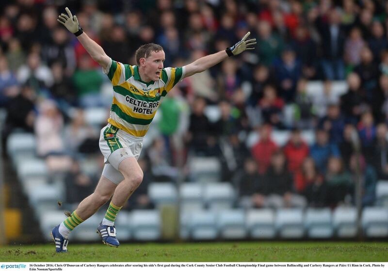 Chris O'Donovan of Carbery Rangers celebrates after scoring a goal against Ballincollig. Picture: Eóin Noonan/Sportsfile