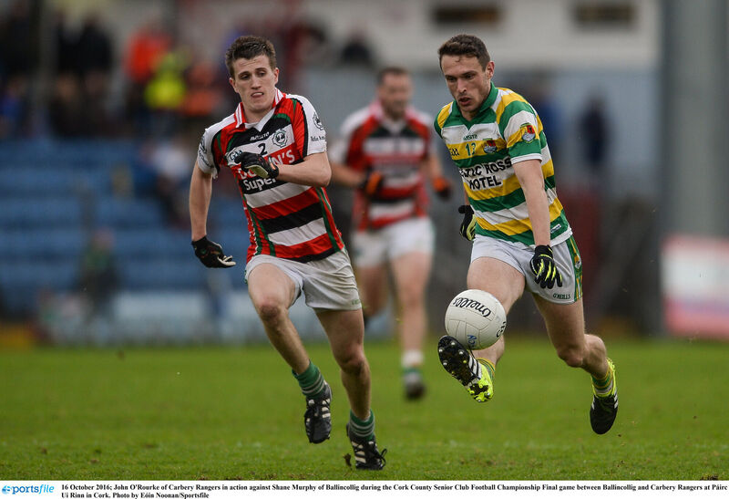 John O'Rourke of Carbery Rangers in action against Shane Murphy of Ballincollig. Picture: Eóin Noonan/Sportsfile