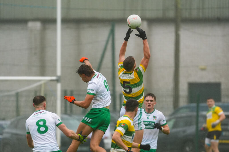 Carbery Rangers' Barry Kerr gets to the high ball ahead of Kanturk’s Alan Walsh. Picture: Noel Sweeney Carbery Rangers' Barry Kerr gets to the high ball ahead of Kanturk’s Alan Walsh. Picture: Noel Sweeney