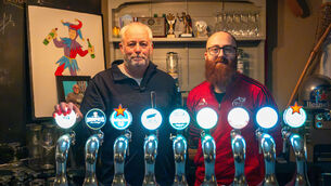 <p>Eoghan Healy and his son Liam behind the bar of of Jesters in Midleton.  <span class="contextmenu emphasis CaptionCredit">Pictures: Noel Sweeney</span>
            </p>