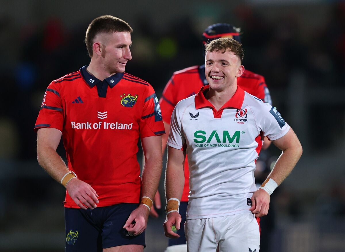 Ulster vs Munster: Munster's Ben O'Connor and Jack Murphy of Ulster after the game Ulster vs Munster: Munster's Ben O'Connor and Jack Murphy of Ulster after the game