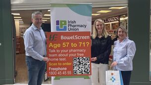 <p>Michael O’Connor, pharmacist, O’Connor’s Pharmacy, Douglas, with Deirbhle Joyce, Professional Services Pharmacist, IPU, and Norma Deasy, Communications Manager, National Screening Services, launching the in-pharmacy promotion of BowelScreen</p>