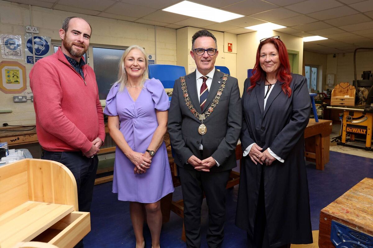 In the woodwork room were councillor Gary O’Brien, deputy Lord Mayor; Marion Horgan, woodwork teacher; Lord Mayor councillor Damian Boylan, and Karen Hogan. Picture: Jim Coughlan. In the woodwork room were councillor Gary O’Brien, deputy Lord Mayor; Marion Horgan, woodwork teacher; Lord Mayor councillor Damian Boylan, and Karen Hogan. Picture: Jim Coughlan.