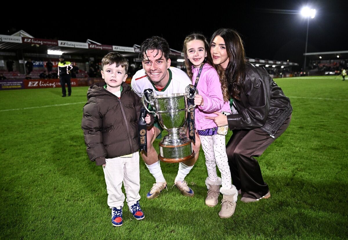 Ruairi Keating of Cork City with his parter Emily Luscombe and his kids during the trophy celebrations last week. Picture: Ben McShane/Sportsfile Ruairi Keating of Cork City with his parter Emily Luscombe and his kids during the trophy celebrations last week. Picture: Ben McShane/Sportsfile