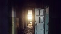 Dirty empty dark corridor in abandoned building, doors, light in the end, perspective, way to freedom