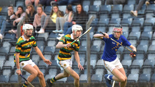 <p> Ethan Twomey of St Finbarr's tries to get away from Glen Rovers pair Ryan Long and Danny Murphy in the Rebel Óg Carrigaline Court Hotel Premier 1 U18 HC game at Pairc Úi Rinn in 2019. Picture Dan Linehan</p>