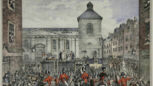 <p>An 1877 illustration of the execution of Robert Emmet, which took place before a large crowd in Thomas Street, Dublin, in 1803</p>
