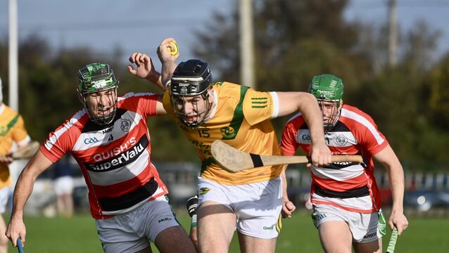 <p> Cillian O’Callaghan of Dungourney trying to get away from Ballincollig defender Brian Dore in last year's Co-op SuperStores Premier IHC semi-final in Caherlag. Picture: Larry Cummins</p>