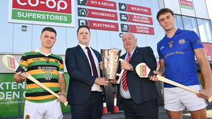 <p>Glen Rovers captain Adam Lynch with Jerry Riordan, operations manager with championship sponsors Co-op SuperStores, Cork County Board chairperson Noel O'Callaghan and Ben Cunningham of St Finbarr's. Picture: Eddie O'Hare</p>