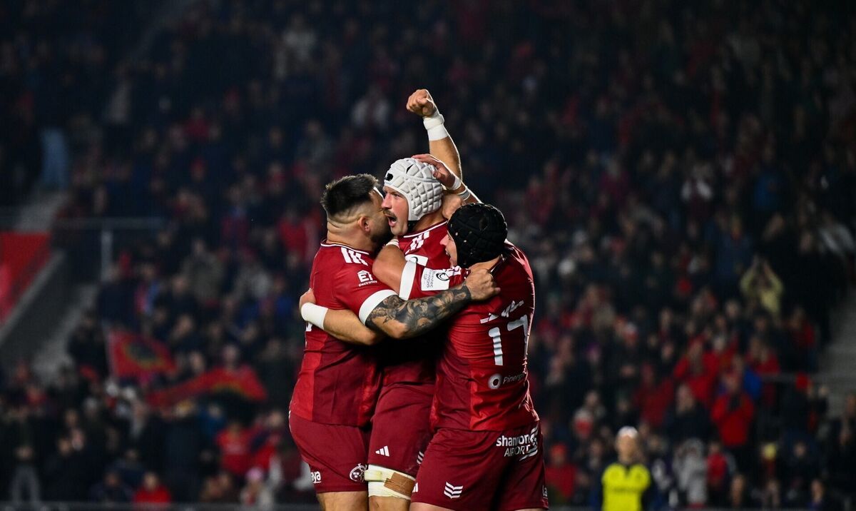 Fineen Wycherley of Munster celebrates with teammates after scoring his side's fourth Chaoimh. Picture: Shauna Clinton/Sportsfile