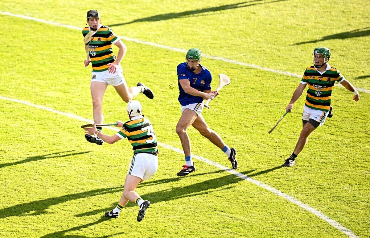 Ben Cunningham of St Finbarr’s gets a shot in as Glen Rovers' Adam Lynch looks to block while Robert Downey and Rhys Dunne look on. Picture: Seb Daly/Sportsfile Ben Cunningham of St Finbarr’s gets a shot in as Glen Rovers' Adam Lynch looks to block while Robert Downey and Rhys Dunne look on. Picture: Seb Daly/Sportsfile