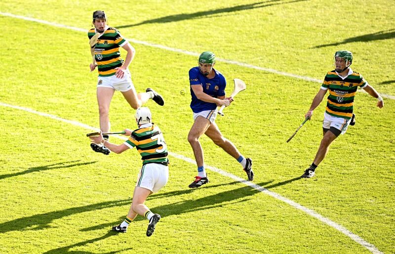 Ben Cunningham of St Finbarr’s gets a shot in as Glen Rovers' Adam Lynch looks to block while Robert Downey and Rhys Dunne look on. Picture: Seb Daly/Sportsfile