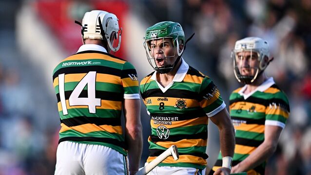 <p>Rhys Dunne of Glen Rovers, centre, celebrates with teammate Patrick Horgan, 14, during the Cork County Premier Senior Club Hurling Championship final match between Glen Rovers and St Finbarr's at SuperValu Páirc Uí Chaoimh in Cork. Photo by Seb Daly/Sportsfile</p>