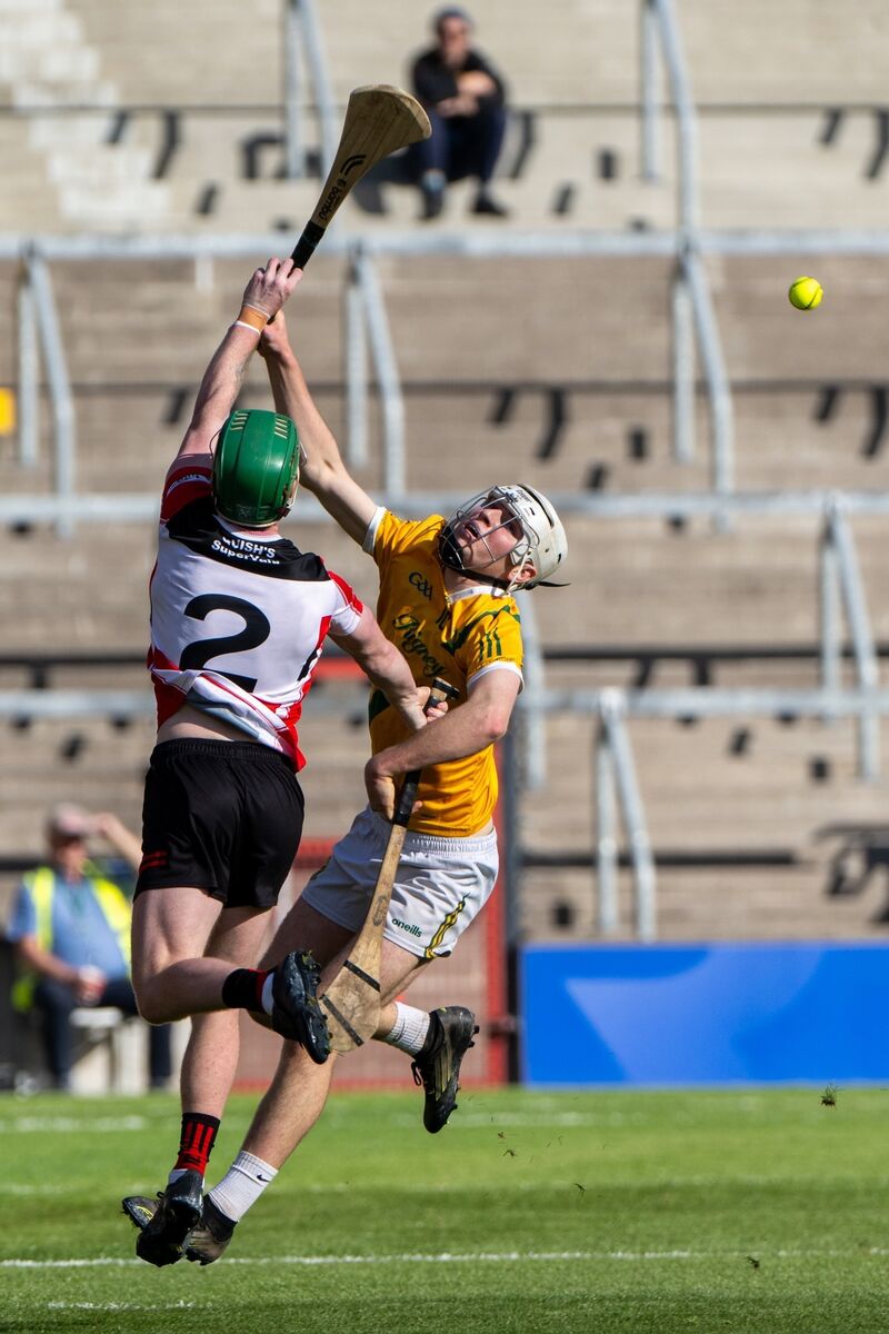 Dungourney‘s Kelvin Coady Byrne and Ballincollig’s Ross O’Donovan contest in the air. Picture: Chani Anderson Dungourney‘s Kelvin Coady Byrne and Ballincollig’s Ross O’Donovan contest in the air. Picture: Chani Anderson