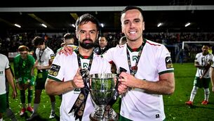 <p>Greg Bolger, left, and Charlie Lyons of Cork City celebrate with the SSE Airtricity Men’s First Division trophy after the SSE Airtricity Men’s First Division match between Cork City and Finn Harps at Turner's Cross in Cork. Photo by Ben McShane/Sportsfile</p> <p>Greg Bolger, left, and Charlie Lyons of Cork City celebrate with the SSE Airtricity Men’s First Division trophy after the SSE Airtricity Men’s First Division match between Cork City and Finn Harps at Turner's Cross in Cork. Photo by Ben McShane/Sportsfile</p>