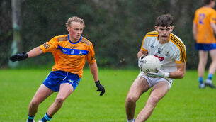 <p>Paul Deasy of Hamilton High School holds possession as Cathal O’Loughlin from Mount St Michael gives chase during Tuesday's TUS Corn Uí Mhuirí game in Clonakilty. Picture: Noel Sweeney</p>