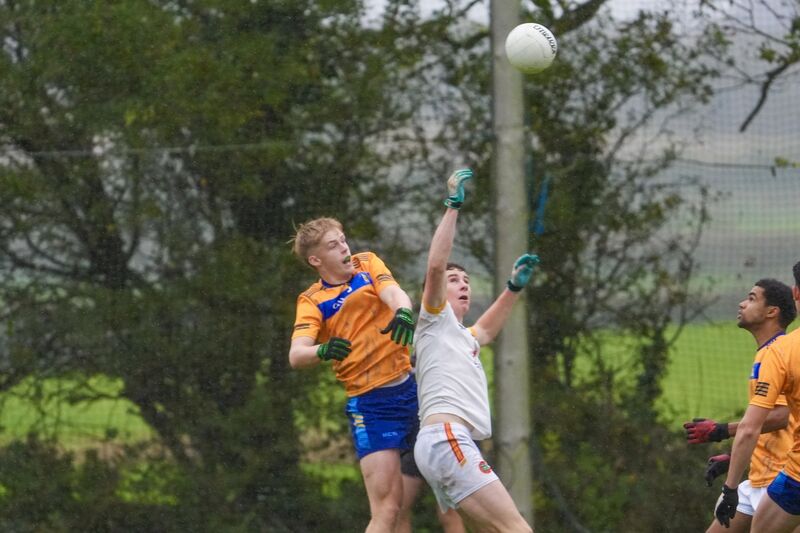 Luke O'Neill of Mount St Michael and Hamilton High School’s Olan Kelly battle for aerial possession. Picture: Noel Sweeney Luke O'Neill of Mount St Michael and Hamilton High School’s Olan Kelly battle for aerial possession. Picture: Noel Sweeney