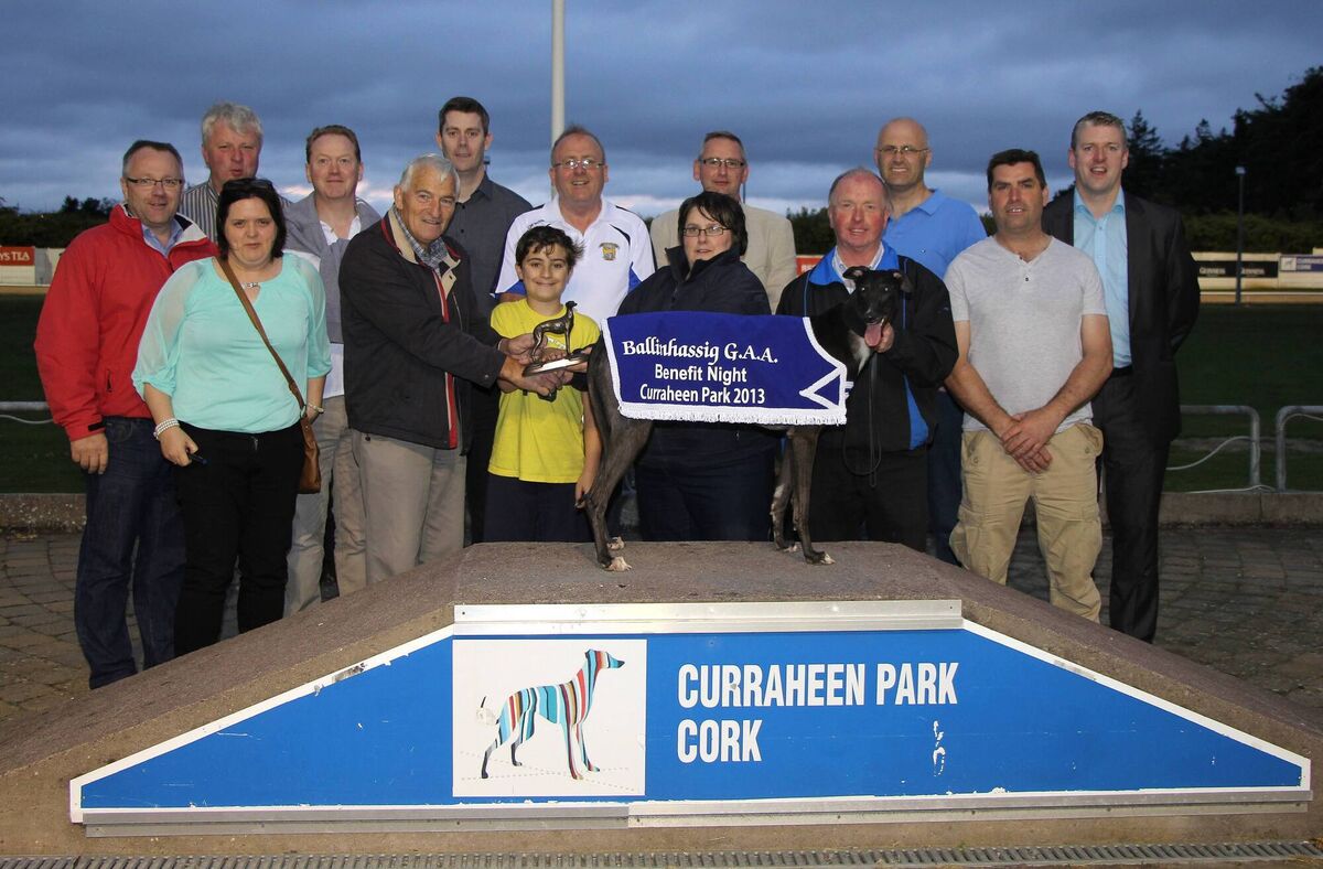 Willie Coleman and gradson Daniel making a presentation on behalf of sponsors Highgrove Consulting Limited to Susan Hosford following Corcorans Milly's win at a Ballinhassig GAA fundraiser in 2013. Included are Brian Collins (race manager, Curraheen Park), Frank O'Meara (sales operations and commercial manager, Curraheen Park), Tom O'Neill (trainer), Donal McGuire (vice-chairman, Ballinhassig GAA), Denis Collins (chairman), Derry O'Regan, Theresa Lombard, Brendan O'Mahony and Seánie McCarthy. Picture: Ailish Murphy