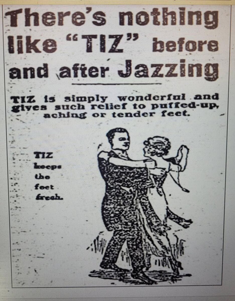 An ad in the Cork Examiner in January, 1920, for a foot cream to relieve “puffed-up, aching or tender feet” for jazz dancers 