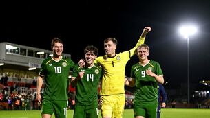 <p>Grady McDonnell, Rory Finneran, Noah Jauny and Michael Noonan celebrate after the UEFA European U21 Championship qualifier win over England at Turner's Cross. Picture: Ben McShane/Sportsfile</p> <p>Grady McDonnell, Rory Finneran, Noah Jauny and Michael Noonan celebrate after the UEFA European U21 Championship qualifier win over England at Turner's Cross. Picture: Ben McShane/Sportsfile</p>
