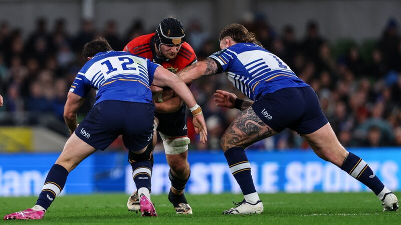 Munster's Gavin Coombes comes up against Leinster's Robbie Henshaw and Andrew Porter. Picture: INPHO/Ben Brady Munster's Gavin Coombes comes up against Leinster's Robbie Henshaw and Andrew Porter. Picture: INPHO/Ben Brady