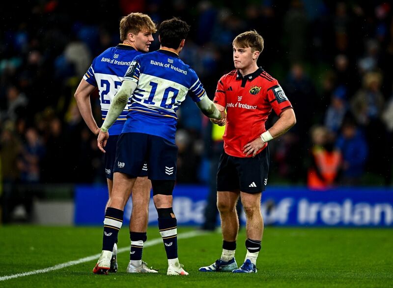 Charlie O'Shea of Munster and Joey Carbery of Leinster shake hands after. Picture: Tyler Miller/Sportsfile Charlie O'Shea of Munster and Joey Carbery of Leinster shake hands after. Picture: Tyler Miller/Sportsfile