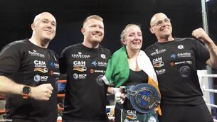 <p>A delighted Christina Desmond with the EBU European Super Lightweight belt around her waist with her cut man Gavin Weston and her trainer Noely Murphy on the left and her manager Kevin Crowley on the right after she beat Spanish native Clara Lopez in Spain last Saturday night.</p> <p>A delighted Christina Desmond with the EBU European Super Lightweight belt around her waist with her cut man Gavin Weston and her trainer Noely Murphy on the left and her manager Kevin Crowley on the right after she beat Spanish native Clara Lopez in Spain last Saturday night.</p>