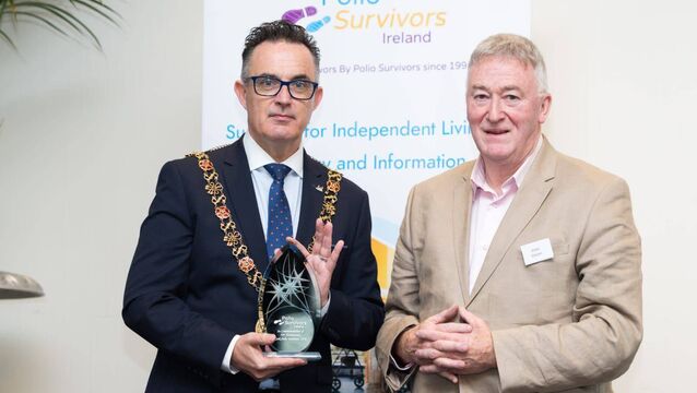 <p>Lord Mayor of Cork, councillor Damian Boylan, is presented with a piece of Cork Crystal to commemorate the Cork polio outbreak of 1956, by polio survivor John Dolan.</p> <p>Lord Mayor of Cork, councillor Damian Boylan, is presented with a piece of Cork Crystal to commemorate the Cork polio outbreak of 1956, by polio survivor John Dolan.</p>