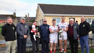 <p> Jack O'Callaghan and Brian O'Connell with the cup and Avondhu officials after Charleville won the Elevate Credit Union Junior A Football title against Mallow in Buttevant. Picture: Paulline O'Dwyer </p>