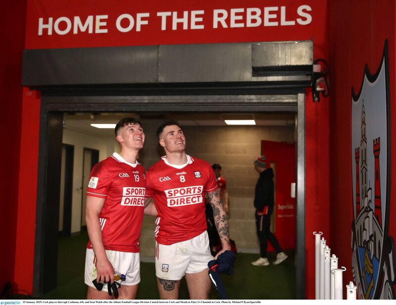 Cork players Darragh Cashman and Seán Walsh after a win over Meath in 2025. Picture: Michael P Ryan/Sportsfile Cork players Darragh Cashman and Seán Walsh after a win over Meath in 2025. Picture: Michael P Ryan/Sportsfile