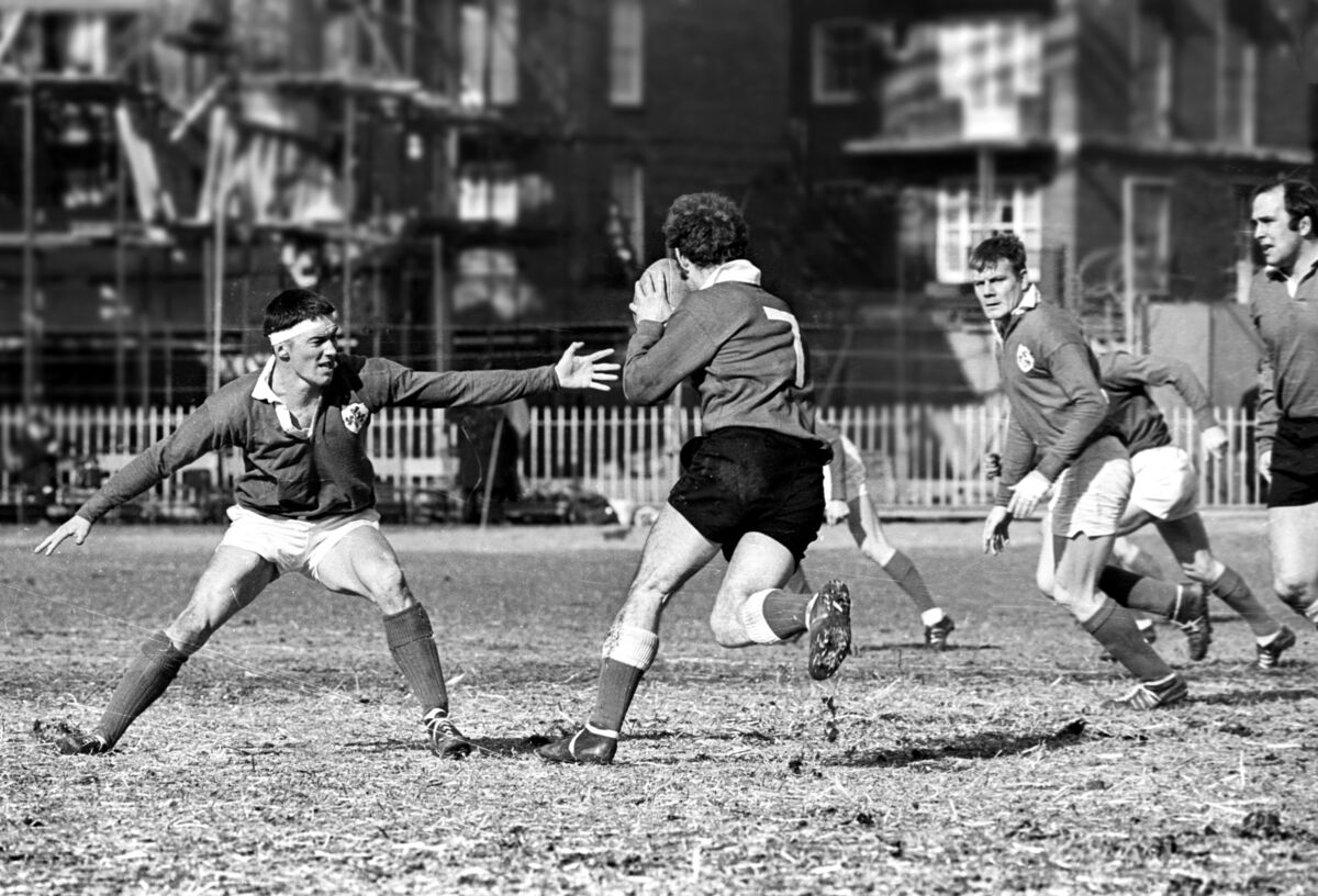 Phil O'Callaghan (Irish player on right) seen playing for Ireland against Wales in the rugby international at Cardiff in 1969.